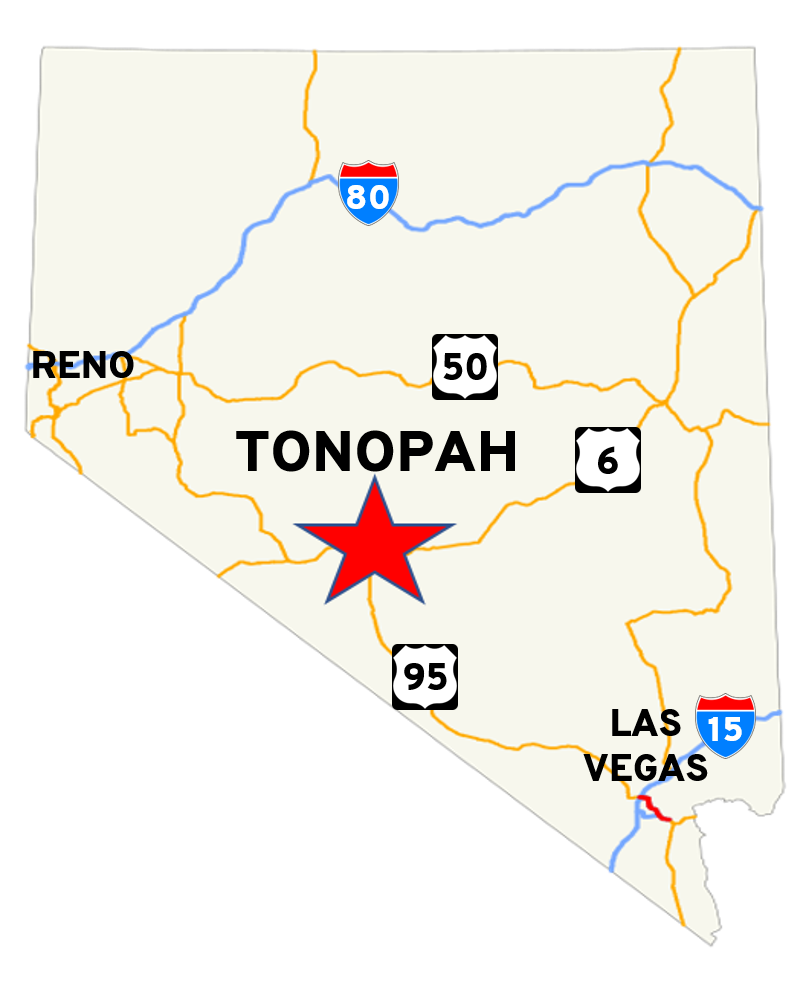 Map of Nevada showing Tonopah and major highways and cities
